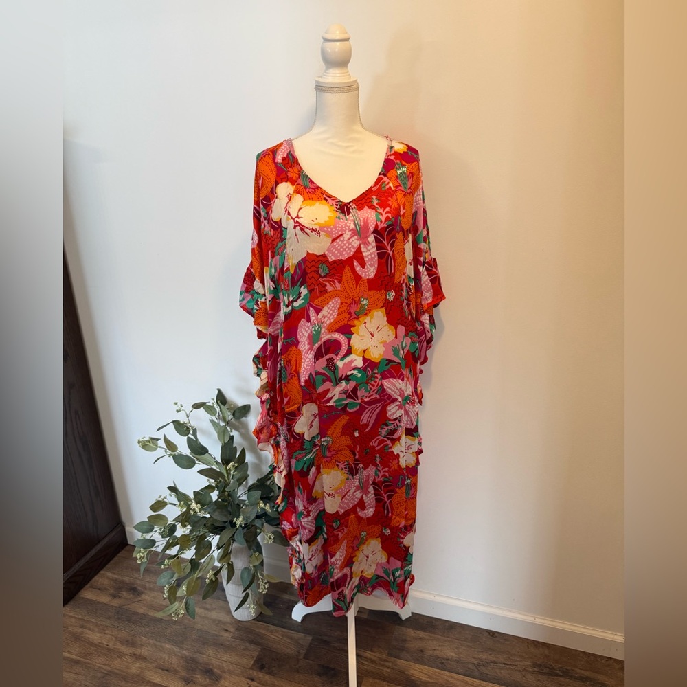 🌺 Easel Orange Floral Ruffled Midi Dress 🌺